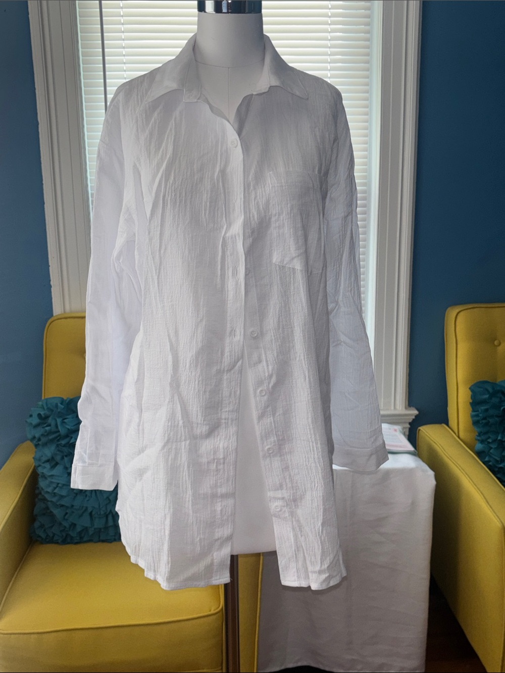 Women's White Button-Down Long Sleeve Shirt - Relaxed Linen-Blend